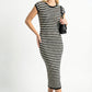 Cap Sleeve Midi Knit Dress with Crew Neck and Stripe Pattern