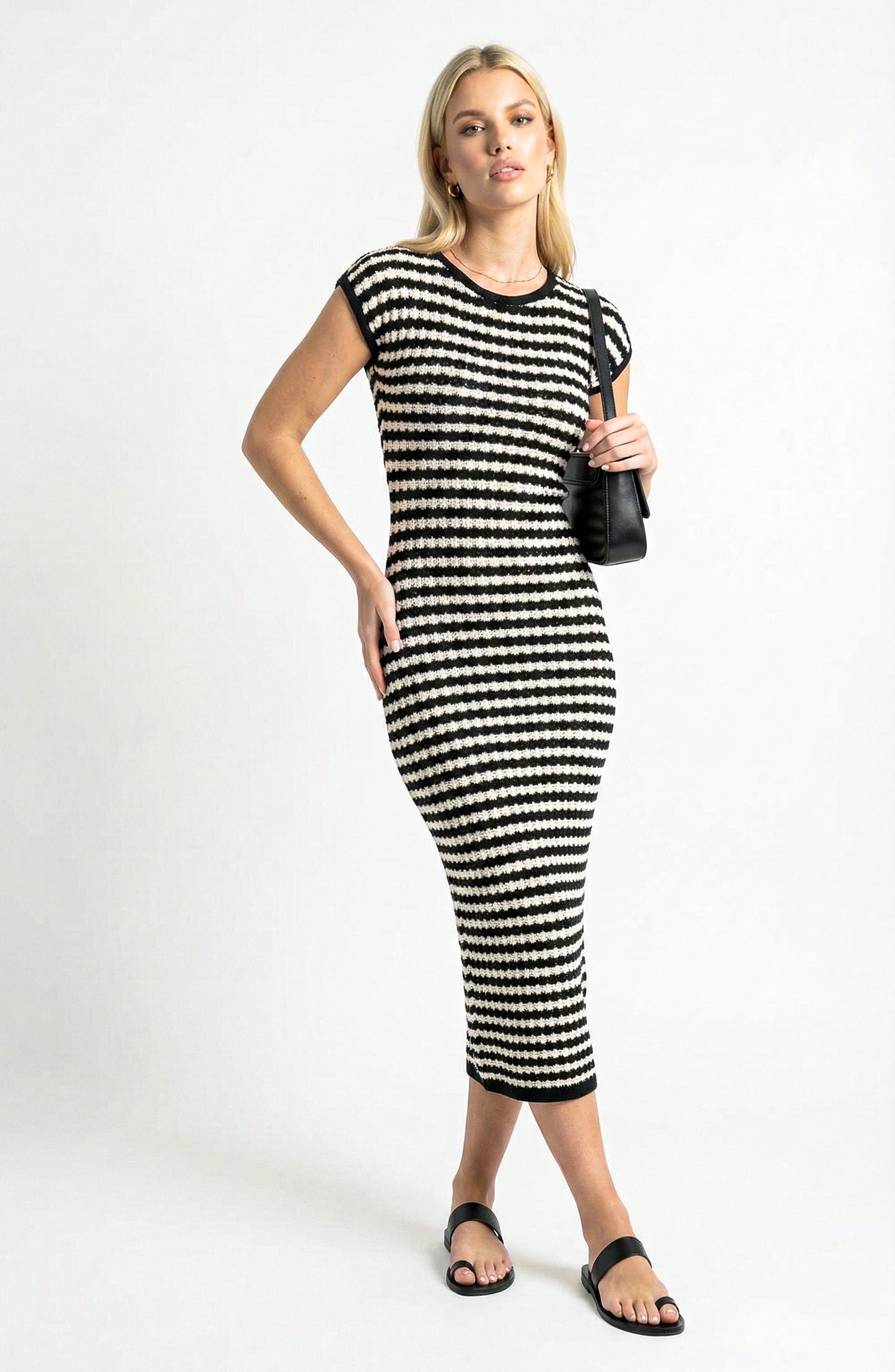 Cap Sleeve Midi Knit Dress with Crew Neck and Stripe Pattern