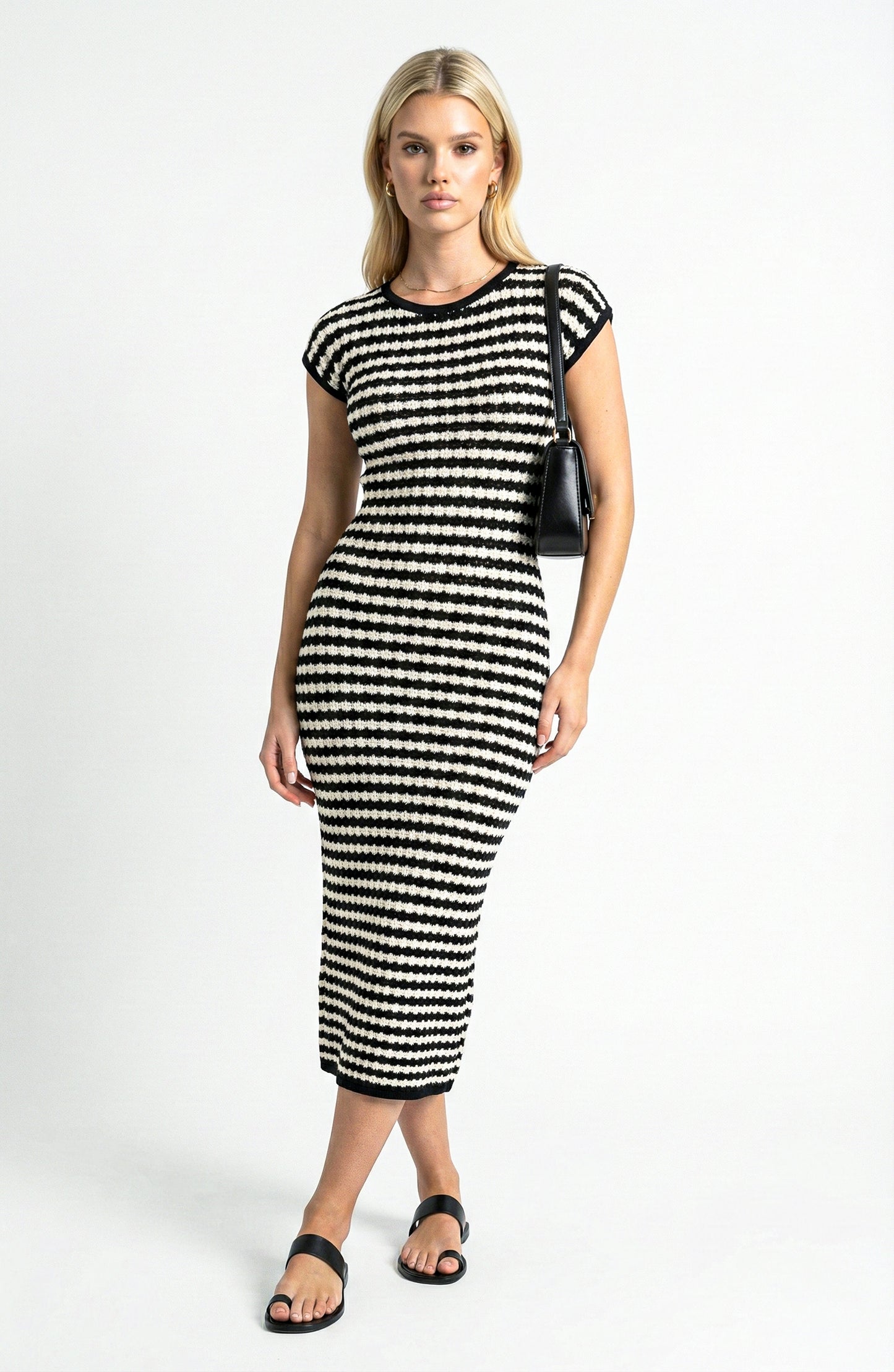 Cap Sleeve Midi Knit Dress with Crew Neck and Stripe Pattern