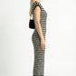 Cap Sleeve Midi Knit Dress with Crew Neck and Stripe Pattern