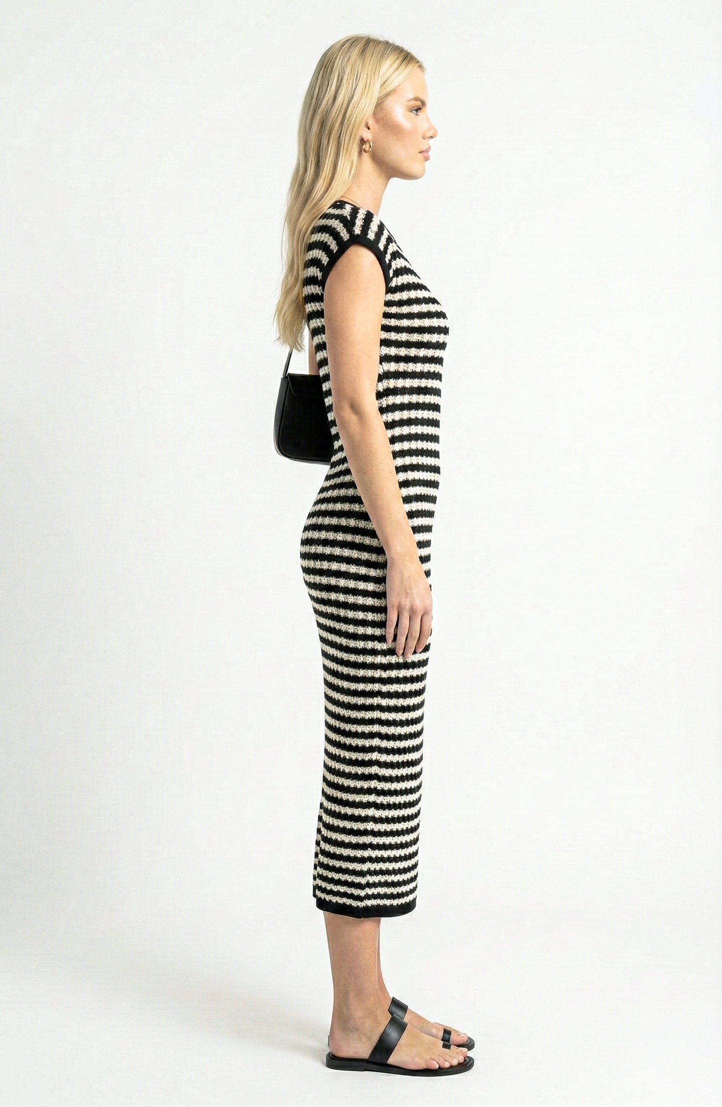 Cap Sleeve Midi Knit Dress with Crew Neck and Stripe Pattern