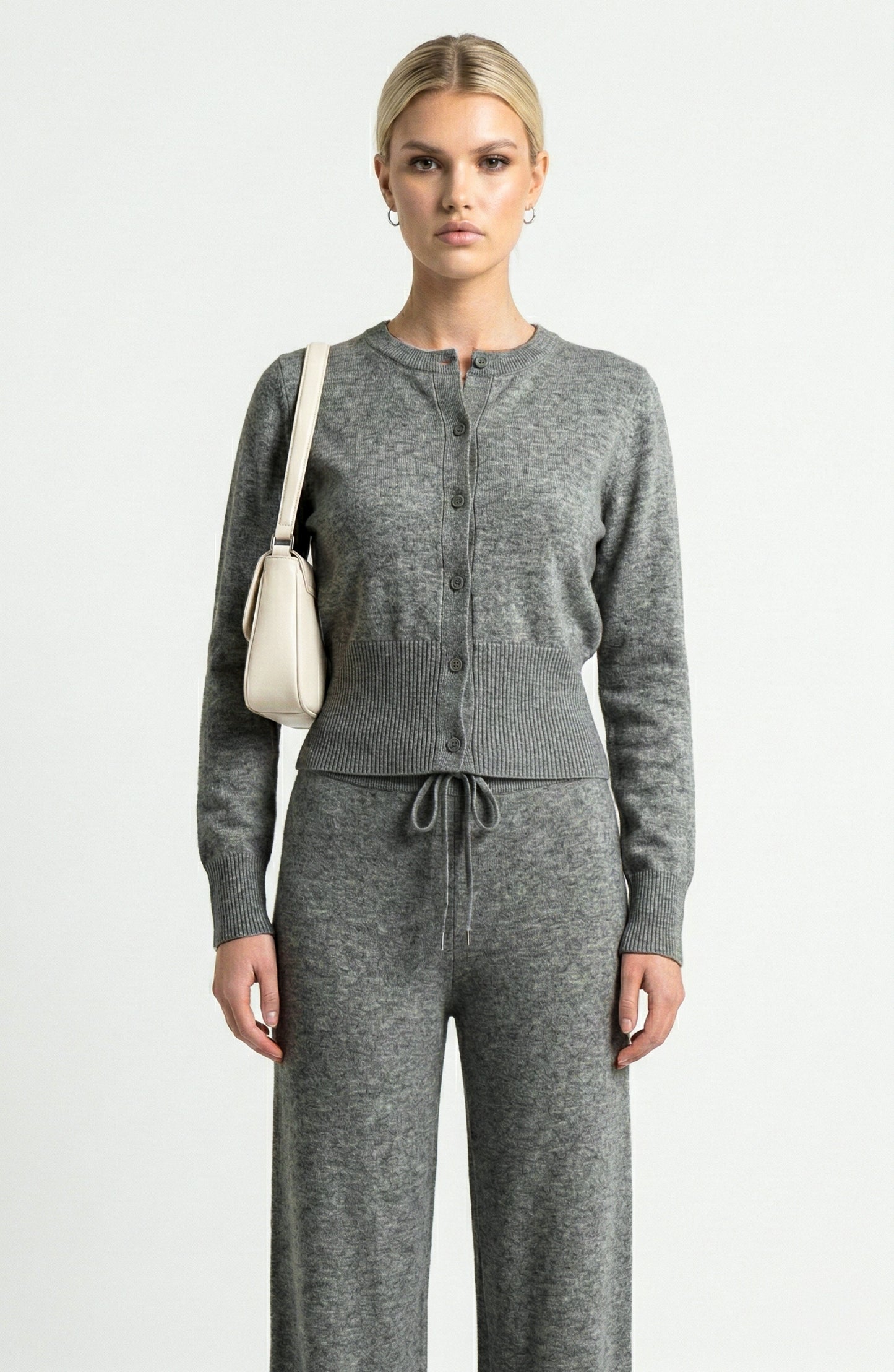 Two Piece Knit Set with Button Front Cardigan and Wide Leg Pants