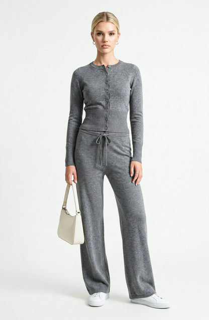 Two Piece Knit Set with Button Front Cardigan and Wide Leg Pants