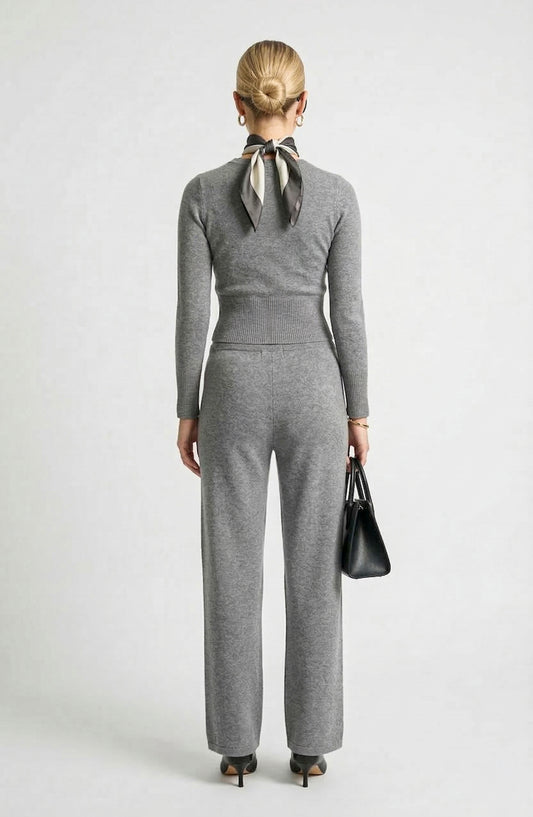 Two Piece Knit Set with Button Front Cardigan and Wide Leg Pants