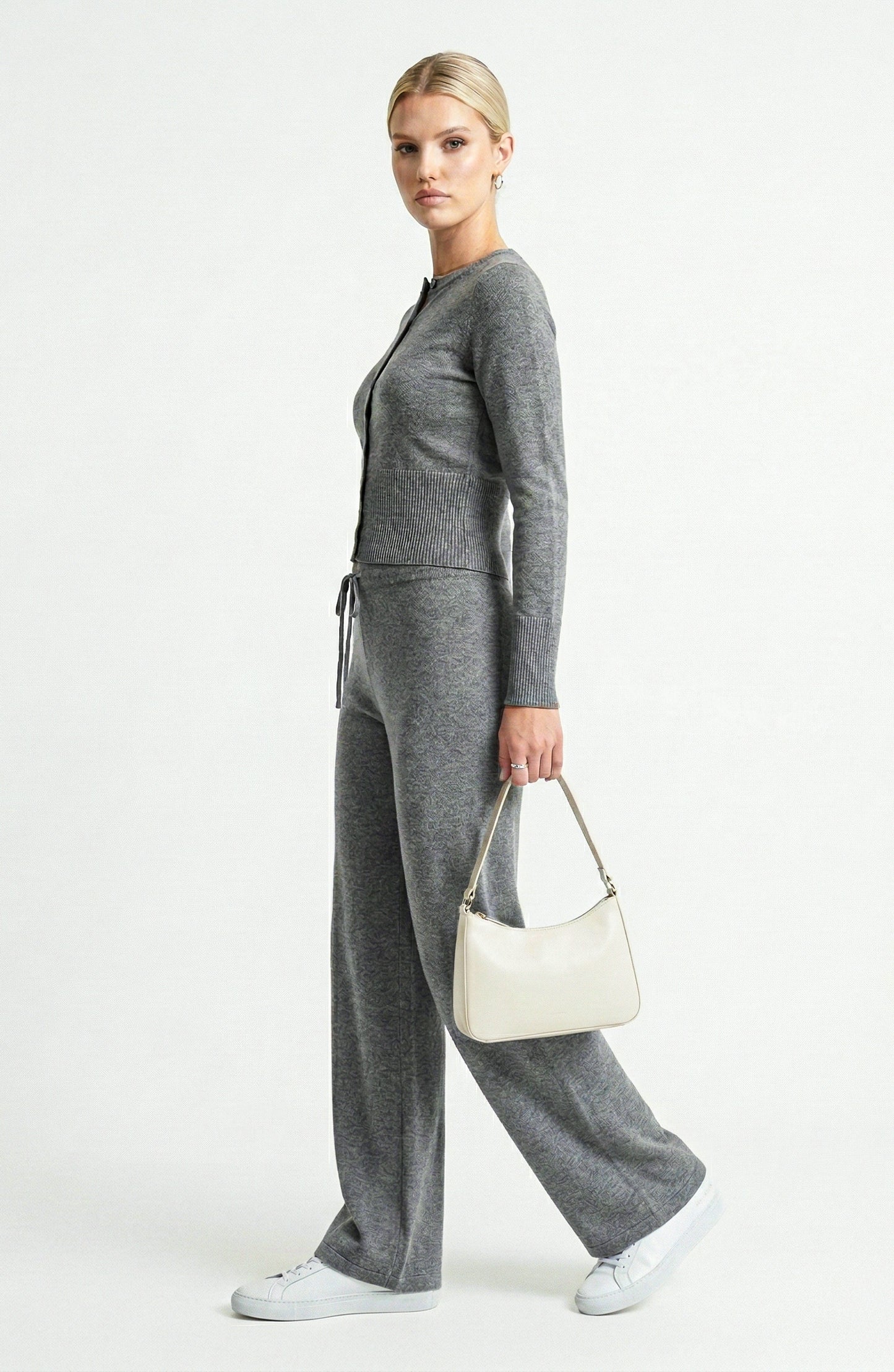 Two Piece Knit Set with Button Front Cardigan and Wide Leg Pants
