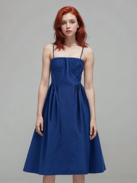 Bustier Straight Neck Small Strap Gathered Flared Midi Dress