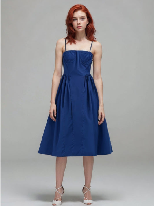 Bustier Straight Neck Small Strap Gathered Flared Midi Dress