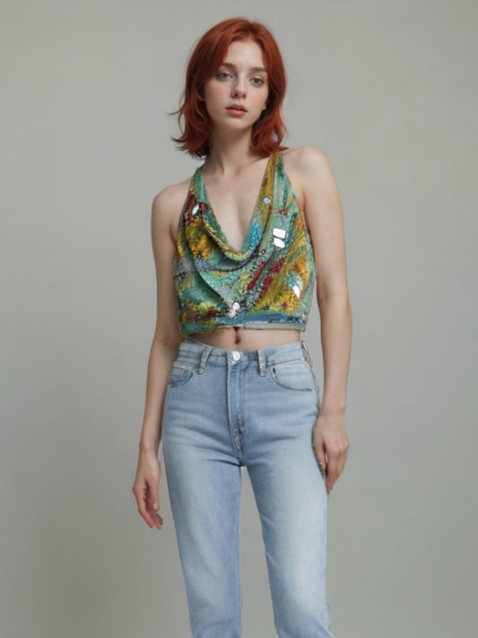 Mermaid Pattern Sequin Cowl Neck Cropped Blouse