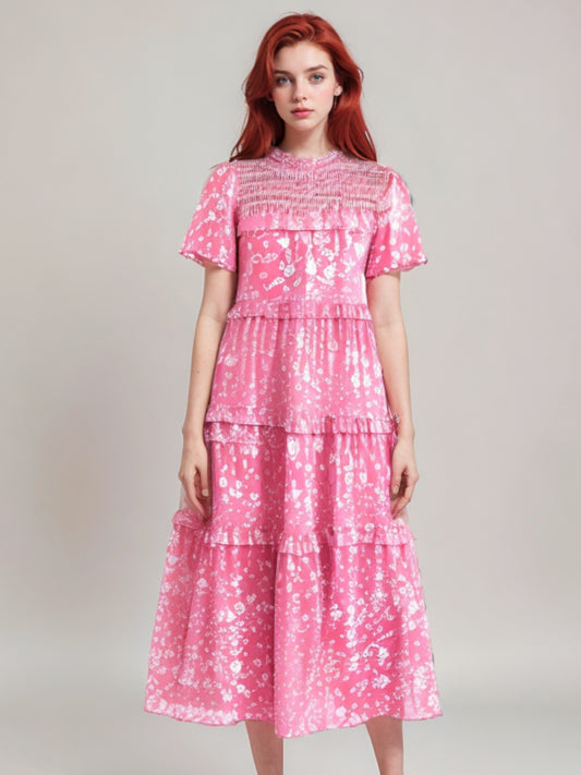 Pink Floral Print Smocked Yoke Ruffle Flared Maxi Dress