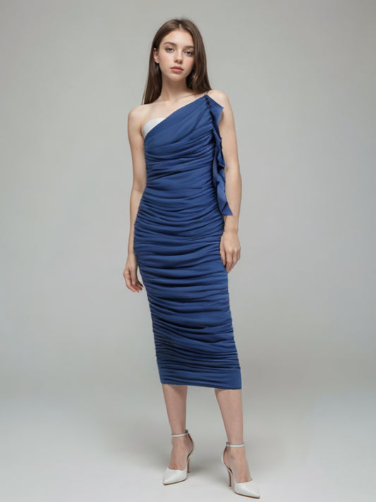 Draped Gathered Detail Ruffle One Shoulder Fitted Dress