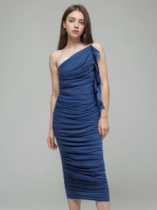 Draped Gathered Detail Ruffle One Shoulder Fitted Dress