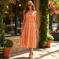 Tiered Smocked Midi Dress with Ruffle Details and Tie Straps